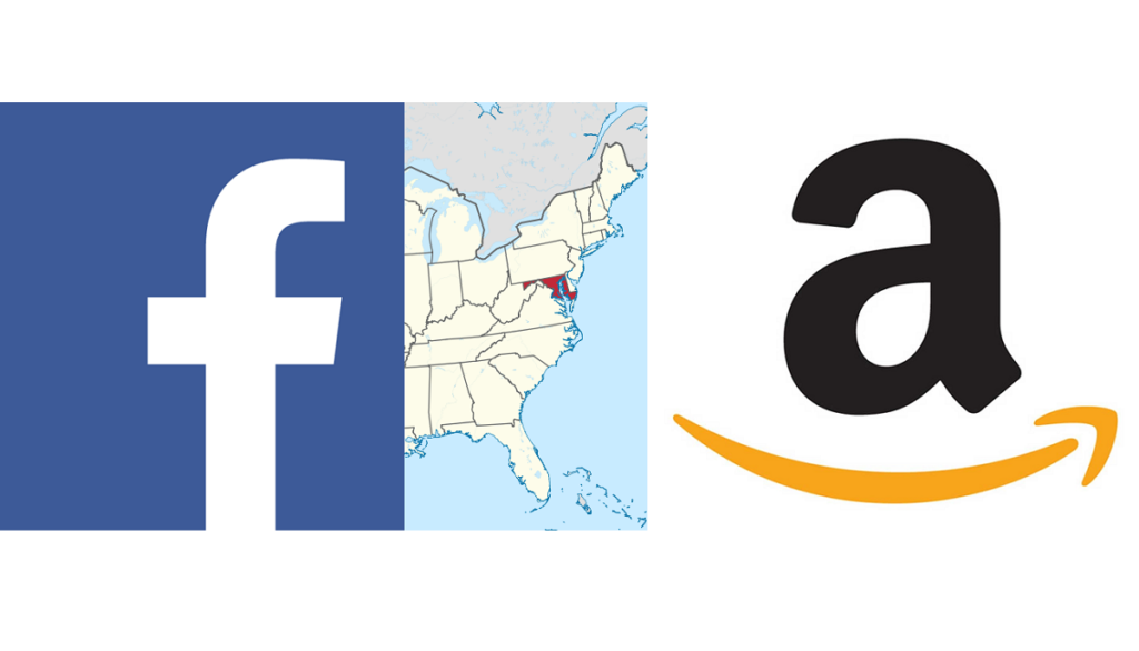 Mapa USA z zaznaczonym stanem Maryland i logosami największych pozywających go firm - Amazona i Facebooka
