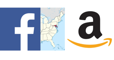 Mapa USA z zaznaczonym stanem Maryland i logosami największych pozywających go firm - Amazona i Facebooka