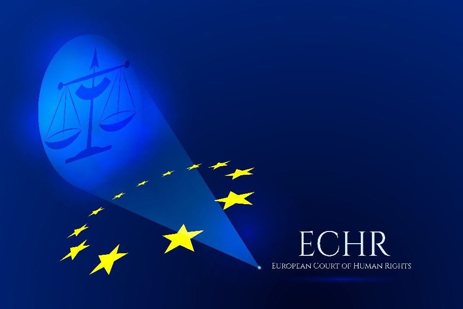 grafika przedstawiająca wagę będącą symbolem sprawiedliwości, gwiazdy będące symbolem UE i napis Europejski Trybunał Praw Człowieka (po angielsku)