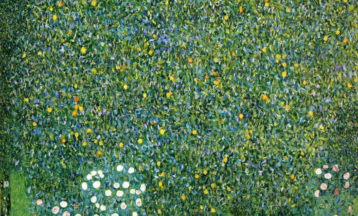 Obraz Klimta Różane Krzewy pod Drzewami - zielone malowidło