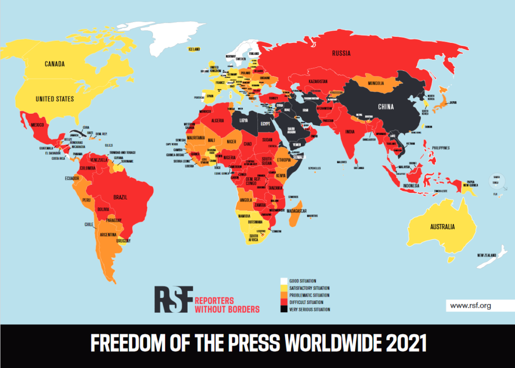 Mapa wolności prasy w 2021, Polsca zaznaczona na pomarańczowo, jako znajdująca się w strefie problematycznej