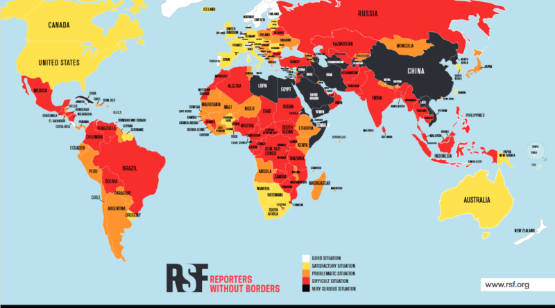 Mapa wolności prasy w 2021, Polsca zaznaczona na pomarańczowo, jako znajdująca się w strefie problematycznej