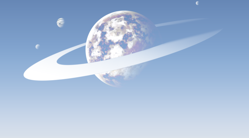 Saturn z pierścieniem i kilkoma swoimi księżycami na tle jasnoniebieskiego nieba.
