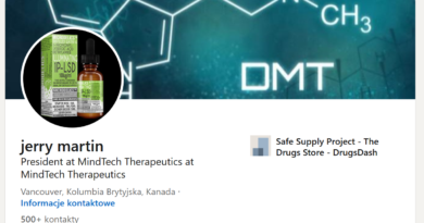 Zrzut z ekranu fragmentu profilu z LinkedIn należącego do Jerrego Martina, z Vancouver, opisującego się jako President at MindTech Therapeutics at MindTech Therapeutics