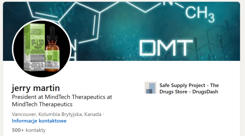 Zrzut z ekranu fragmentu profilu z LinkedIn należącego do Jerrego Martina, z Vancouver, opisującego się jako President at MindTech Therapeutics at MindTech Therapeutics